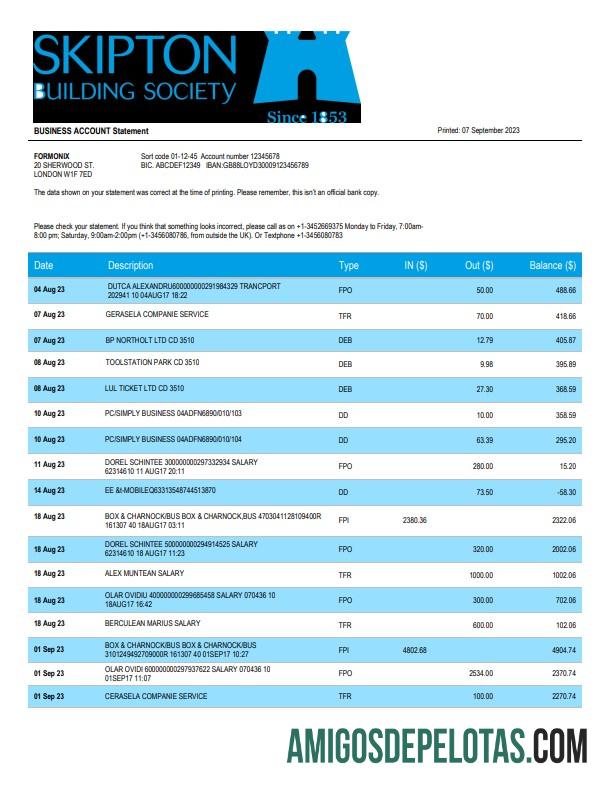 Imprimível Skipton Building Society Bank Firm Account Statement Word And PDF model